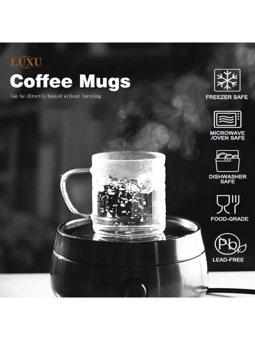 Hand Blown Clear Coffee Mugs Set of 4, 14 oz Heat Resistant Tea Cups